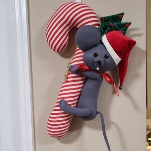Vintage Fabric Christmas Candy Cane Mouse Plush Door Hanging Holiday Decoration